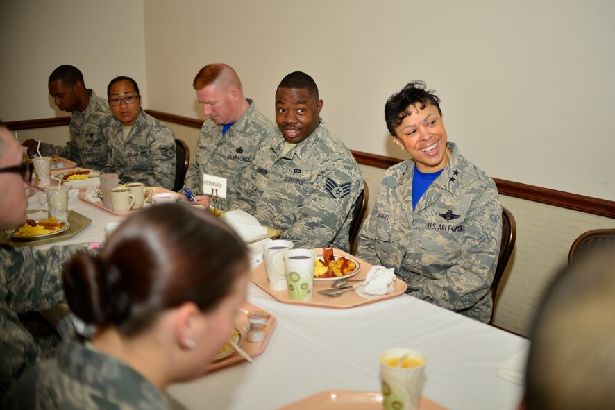 Maj. Gen. Stayce Harris, commander, 22nd Air Force has breakfast with members of the 914th Airlift Wing at Niagara Falls Air Reserve Station on June 6, 2015. Harris toured the installation with Chief Master Sgt. Michael Thorpe, 22nd Air Force Command Chief and visited with Airmen across the Wing. (U.S. Air Force photo by Tech. Sgt. Stephanie Sawyer)  