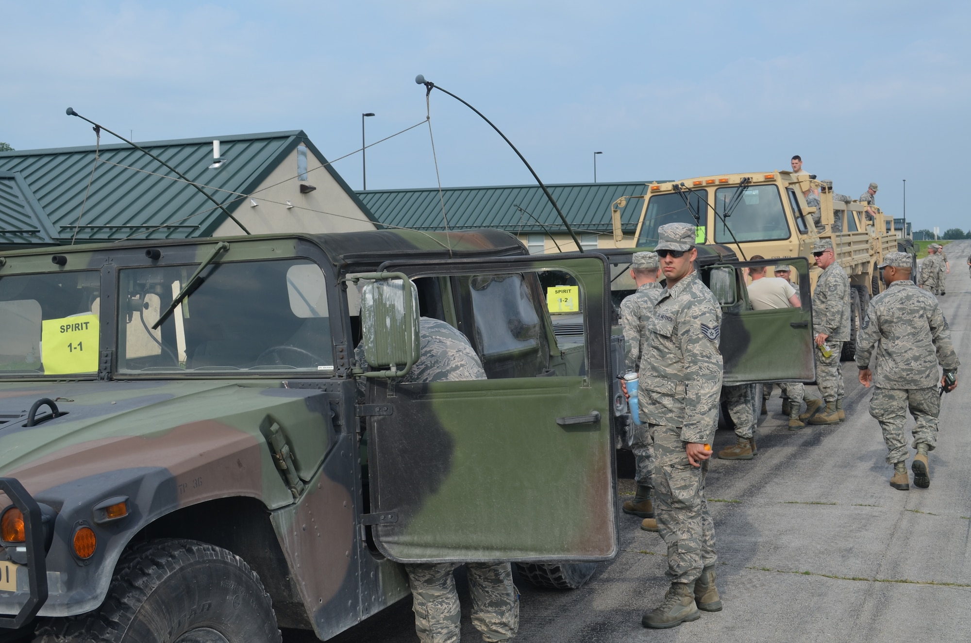 The Missouri Army National Guard provided vehicles with which Citizen-Airmen of the 131st Bomb Wing trained for state emergency response at Camp Clark in early June.  The training, which would otherwise be difficult to replicate at the 131st’s home stations of Whiteman Air Force Base and Jefferson Barracks, included first aid refreshers, convoy training, Humvee driving, field skills, and disaster response training.
(U.S. Air National Guard photo by 2nd Lt. Justin Clark)