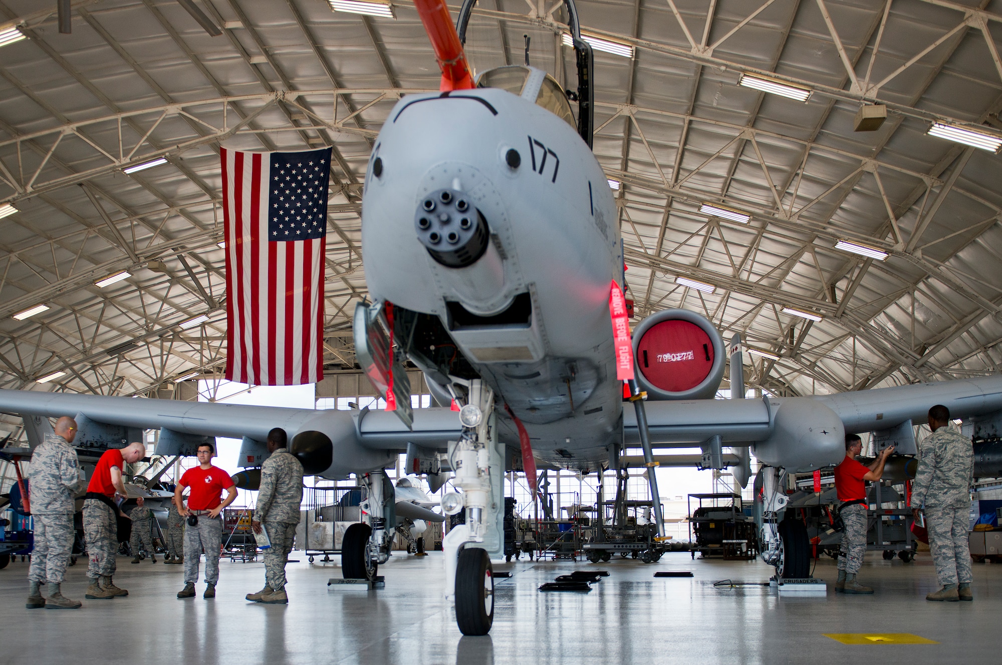 The 96th Aircraft Maintenance Squadron Red team performs final checks on the weapons loaded onto their A-10 Thunderbolt II during the second quarter load crew competition June 5 at Eglin Air Force Base, Fla.  This was the first time in many years the Red team used an A-10 as their weapons load aircraft.  The Red team won the competition against the Blue F-16 Fighting Falcon team.  (U.S. Air Force photo/Samuel King Jr.)