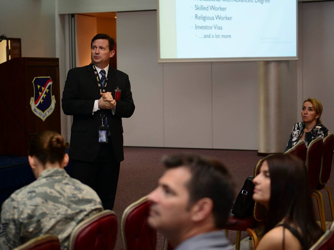 Daniel Dolan, Vice Consul, U.S. Embassy Ankara, Turkey, visited Incirlik Air Base to brief the base community on Immigrant Visas and Immigration June 5, 2015 at Incirlik Air Base, Turkey. Attendees were also offered one-on-one appointments after the briefing to answer further questions and concerns. (U.S. Air Force photo by Staff Sgt. Eboni Reams/Released)