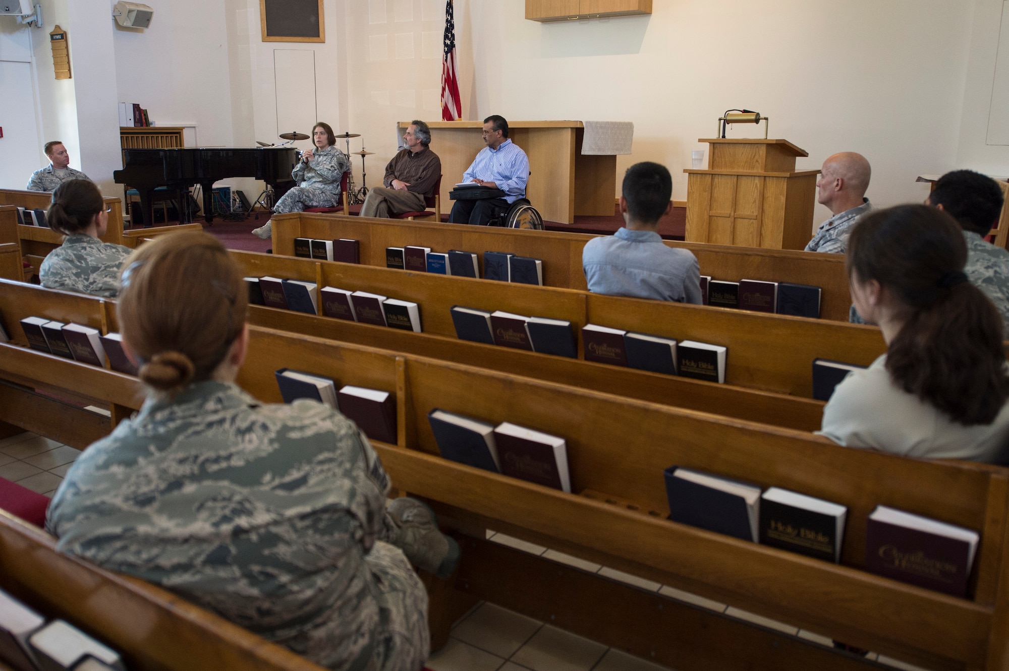 Representatives from Judaism, Christianity and Islam answer questions during a multi-faith panel during a 52nd Fighter Wing Resiliency Day on Spangdahlem Air Base, Germany, June 4, 2015. The 52nd FW Resiliency Day spotlighted base resources to assist Airmen and their families to develop stronger coping skills as part of the Comprehensive Airman Fitness initiative. (U.S. Air force photo by Staff Sgt. Christopher Ruano/Released)