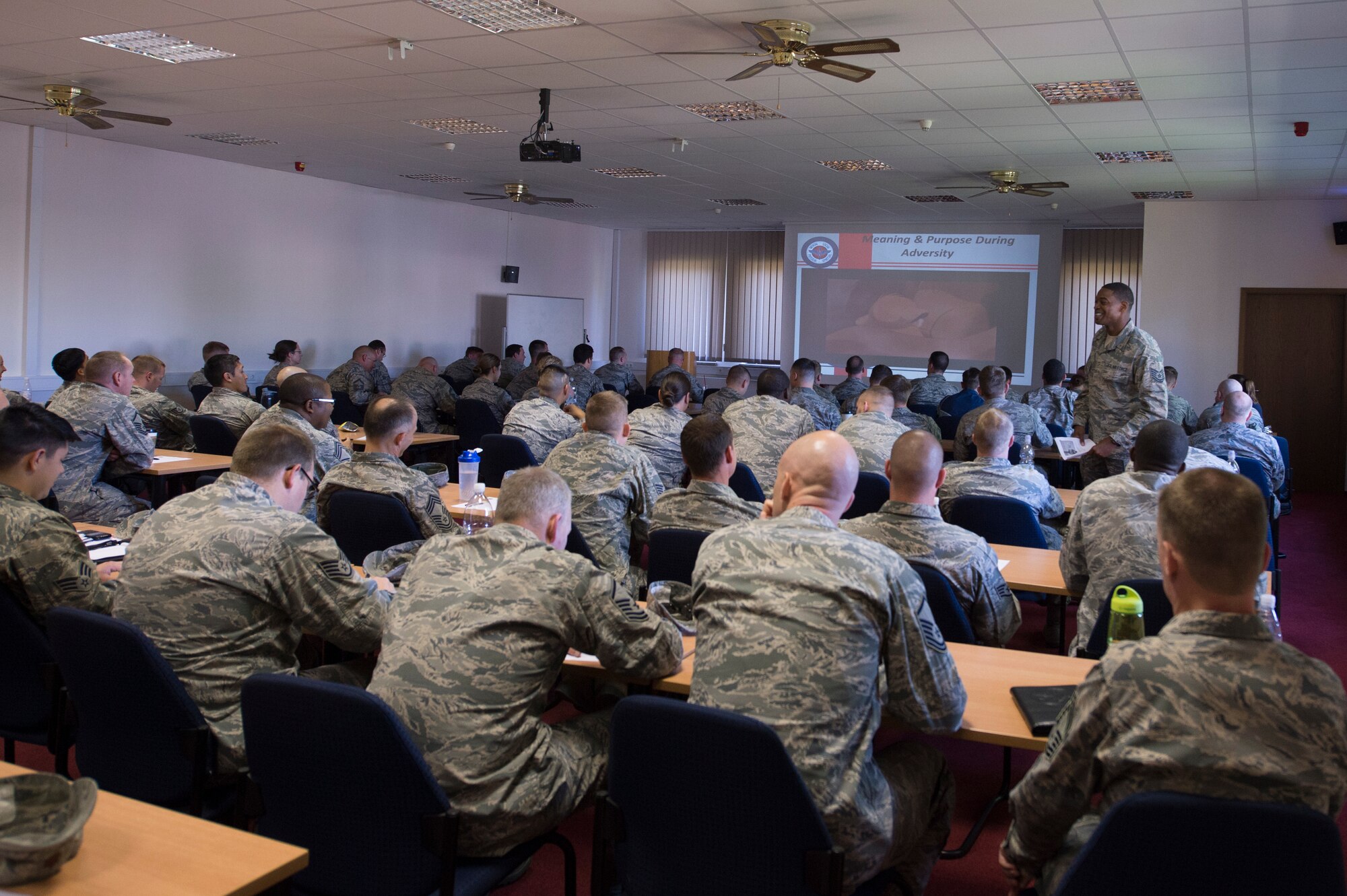 U.S. Air Force Tech. Sgt. Terrance West, 52nd Logistics Readiness Squadron fuel service center NCO in charge, teaches a Spiritual Resiliency 101 workshop in the Saber Conference Center on Spangdahlem Air Base, Germany, June 4, 2015, during the 52nd Fighter Wing’s Resiliency Day. More than 15 workshops throughout the day to inform Airmen on being spiritually fit as part of one of the pillars in the Comprehensive Airman Fitness initiative. (U.S. Air Force photo by Staff Sgt. Christopher Ruano/Released) 