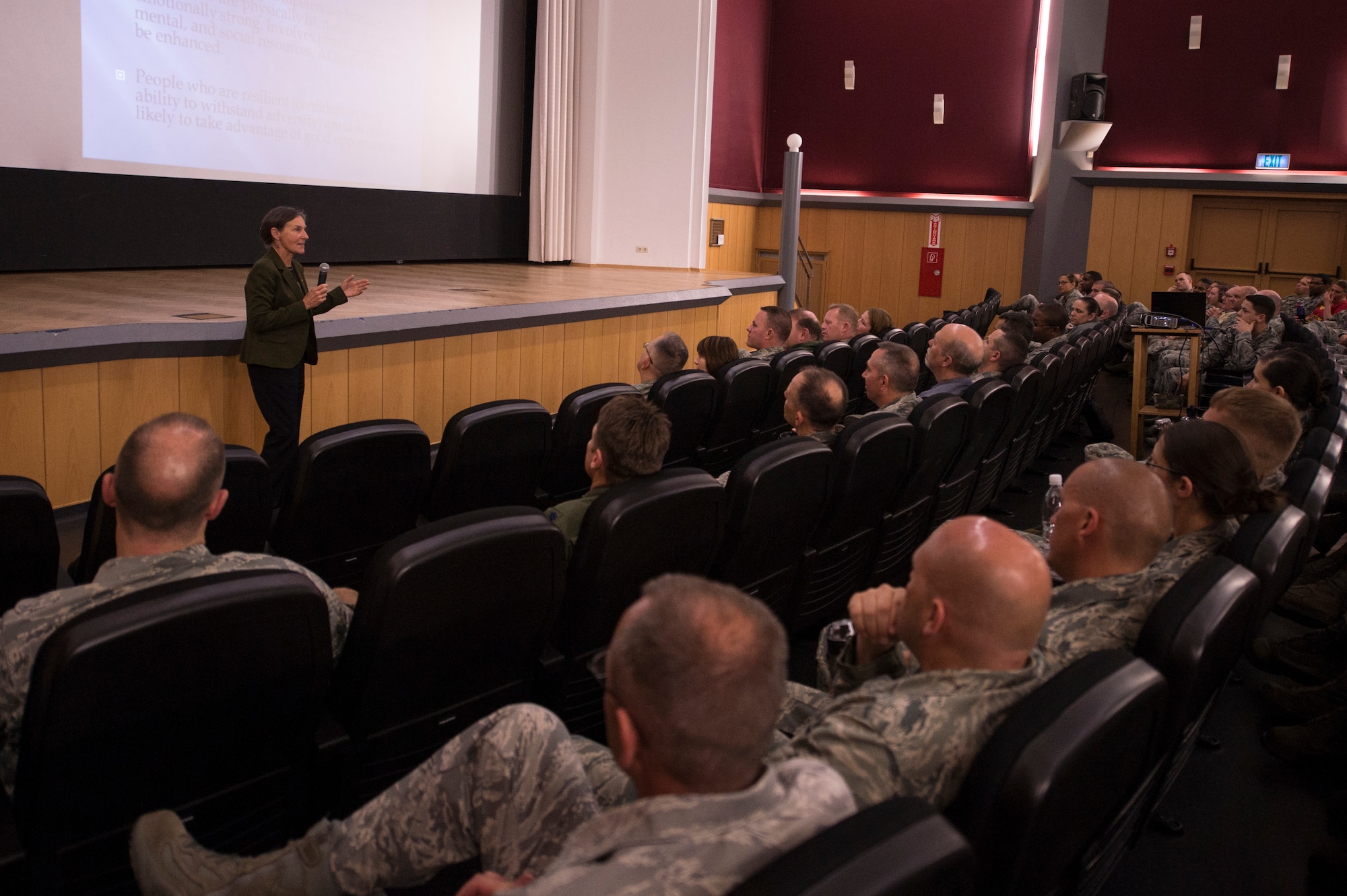 Retired U.S. Army Brig. Gen. Rhanda Cornum, a Department of Defense resiliency consultant, leads a discussion on resiliency at the base theater on Spangdahlem Air Base, Germany, June 4, 2015, during the 52nd Fighter Wing’s Resiliency Day. Cornum, spoke about her experiences as a decorated flight surgeon, helicopter pilot and being a former Prisoner of War during the Persian Gulf War as part of her presentation on resiliency. (U.S. Air force photo by Staff Sgt. Christopher Ruano/Released)