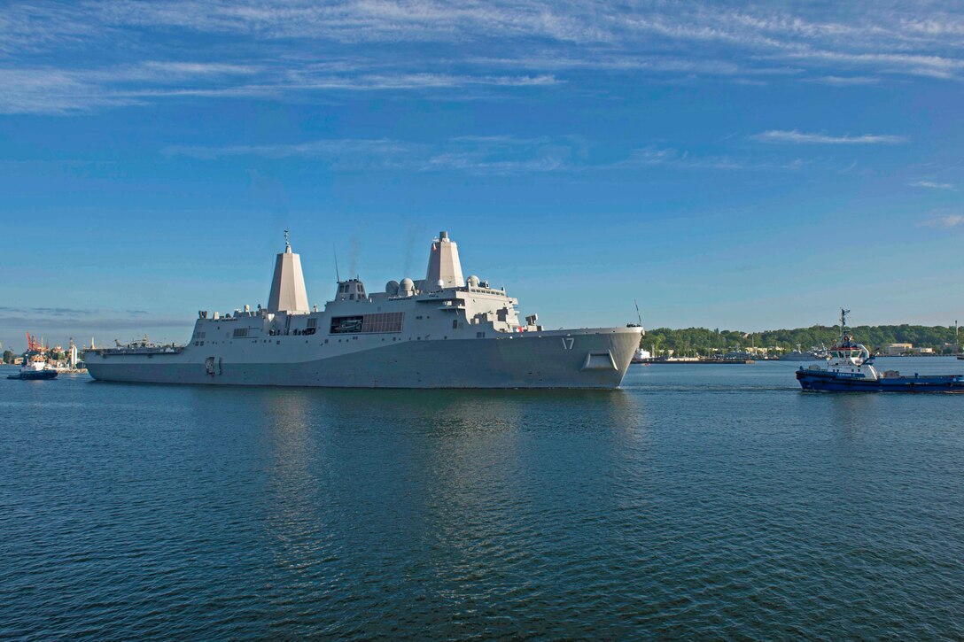 The San Antonio-class amphibious transport dock ship USS San Antonio departs Gdynia, Poland, June 8, 2015, to participate in exercise Baltic Operations 2015. BALTOPS is an annual multinational exercise to enhance flexibility, interoperability and demonstrate the resolve of Allied and partner forces to defend the Baltic region. Naval operations are conducted in the U.S. 6th Fleet area of responsibility, supporting U.S. national security interests in Europe. U.S. Navy photo by Lt. Pete Pagano