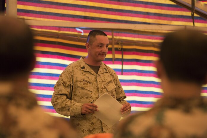 U.S. Marine Corps, Sgt. Maj. Mario A. Marquez, Command Element Marine Forces Central Command Forward Sergeants Major, presents a period of instruction on Marine Corps rank structure and the role of enlisted personnel to Jordanian Armed Forces soldiers on Camp Titin, Jordan, during Exercise Eager Lion, May 11, 2015. Eager Lion is a recurring multinational exercise designed to strengthen military-to-military relationships, increase interoperability between partner nations, and enhance regional security and stability. (U.S. Marine Corps photo by Master Sgt. Michael Schellenbach, CE MARFOR CENTCOM FWD COMCAM/Released)