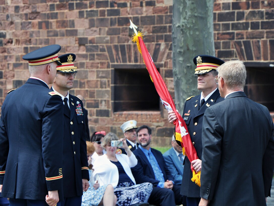 Col. David Caldwell assumed command of the U.S. Army Corps of Engineers, New York District, at a change of command ceremony held June 8, 2015.
(l-r) Col. Paul Owen, (outgoing Commander); Col. William Graham, Change of Command Presiding Officer, Commander, North Atlantic Division; Col. Caldwell, (incoming Commander); and Mr. Joseph Seebode, Deputy District Engineer for Programs and Project Management.
