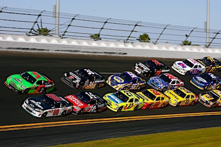 Dale Earnhardt Jr., driver of the No. 88 National Guard NASCAR racecar, leads the field at the pole position during the 2011 Daytona 500 at the Daytona International Speedway, Daytona Beach, Fl.