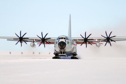 An LC-130 Hercules from the 109th Airlift Wing, New York Air National Guard takes off as part of Operation Deep Freeze, Feb. 2, 2011, in Antarctica. The 55th year for Operation Deep Freeze began in October 2010 as an LC-130 Hercules, equipped with retractable ski-wheels, departed to support the U.S. Antarctic Program and the National Science Foundation's research at international sites throughout the Antarctic continent. The 109th AW is the only organization in the world that flies the ski-equipped LC-130s.