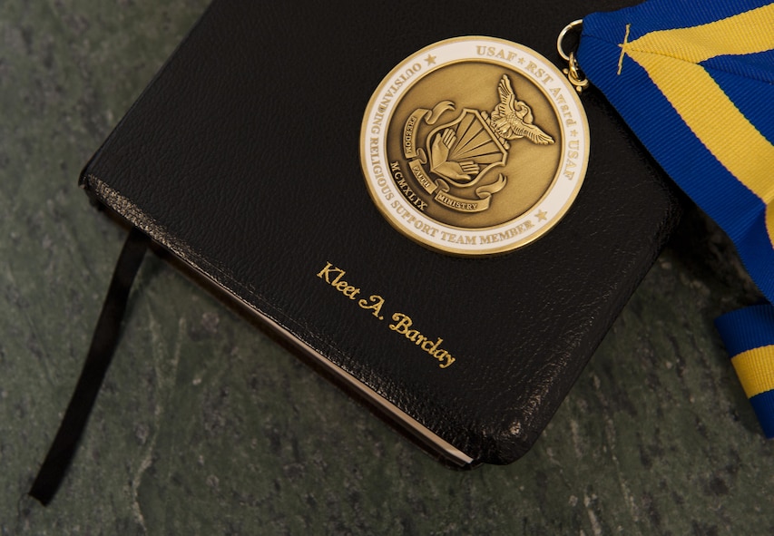 Wing Chaplain (Lt. Col.) Kleet A. Barclay, 1st Special Operations Wing chaplain, and Tech. Sgt. Toby R. Ratcliffe, 1 SOW non-commissioned officer in charge of chapel operations, were awarded the Air Force’s 2014 Outstanding Religious Support Team Award at Hurlburt Field, Fla., June 4, 2015. The award recognizes a chaplain and chaplain assistant team that delivers exemplary performance providing spiritual warrior care at the tactical level. (U.S. Air Force photo/Amn Kai White/Released)