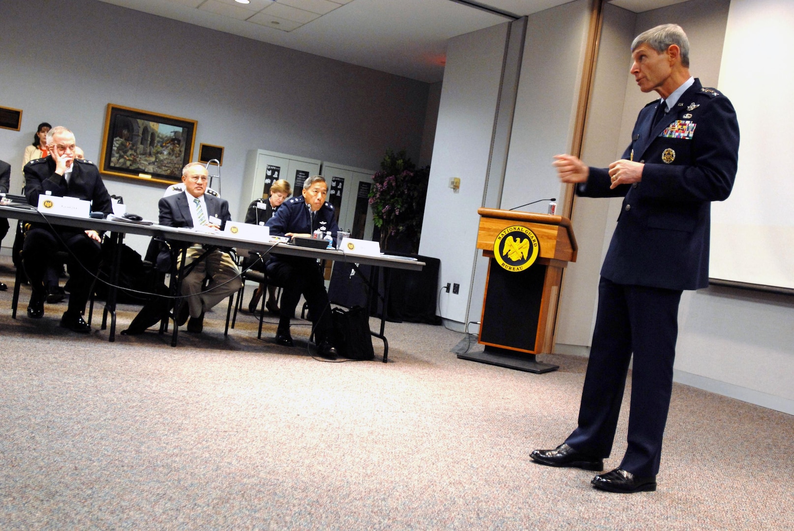 Air Force Chief of Staff Gen. Norton Schwartz addresses the National Guard's 
top officers and enlisted leaders during the 2011 General Senior Leadership 
Conference at Arlington Hall in Arlington, Va., on Feb. 28, 2011.  He told the 
group that economic austerity makes communicating and collaborating as a total 
force paramount.