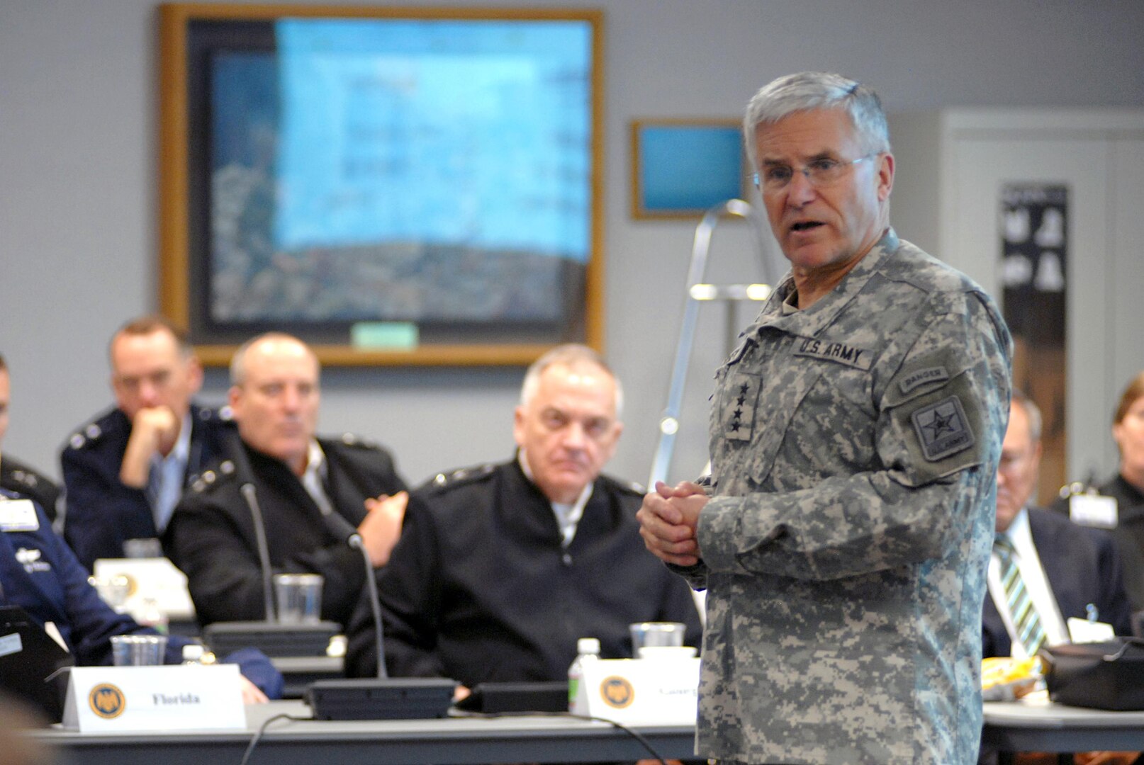 Army Chief of Staff Gen. George W. Casey, Jr., talks to the National Guard's 2011 General Senior Leadership Conference at Arlington Hall in Arlington, Va., Feb. 28, 2011. He spoke highly of the Guard, and said that the Army could not conduct theatre operations if it were not for the Guard and Reserve.