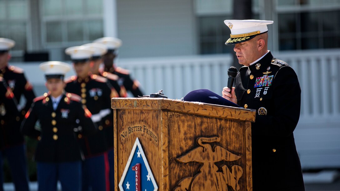 U.S. Marine Corps Lt. Gen. David H. Berger, Commanding General of the I Marine Expeditionary Force, speaks during a Navy Cross Presentation Ceremony held in honor of the late Sgt. Rafael Peralta, at Marine Corps Base Camp Pendleton, California, June 8, 2015. Sgt. Rafael Peralta was awarded the Navy Cross posthumously after sacrificing his life by absorbing the blast of an enemy grenade and shielding fellow Marines only feet away while serving with Regimental Combat Team 7, 1st Marine Division in Fallujah, Al Anbar province, Iraq, on Nov. 15, 2004.