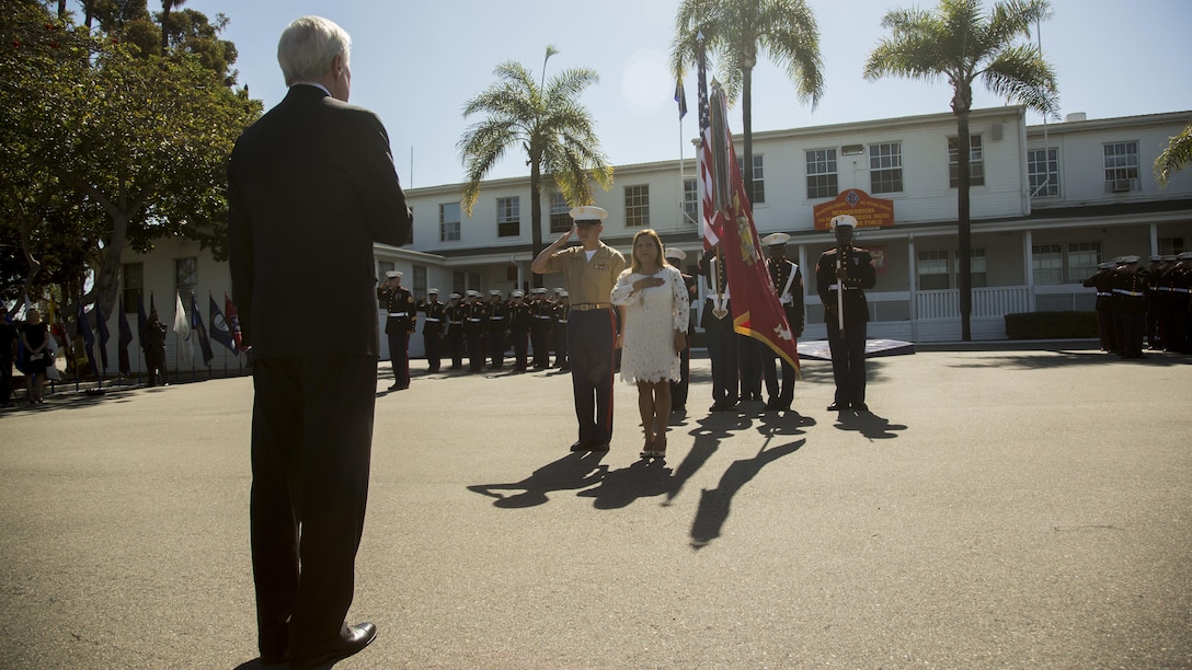 U.S. Marines and Sailors watch as the Secretary of the Navy Ray Mabus presents the Navy Cross to the family members of the late Sgt. Rafael Peralta, at Marine Corps Base Camp Pendleton, Calif., June 8, 2015. Sgt. Rafael Peralta was awarded the Navy Cross posthumously after sacrificing his life by absorbing the blast of an enemy grenade and shielding fellow Marines only feet away while serving with Regimental Combat Team 7, 1st Marine Division, in Fallujah, Al Anbar province, Iraq, on Nov. 15, 2004.