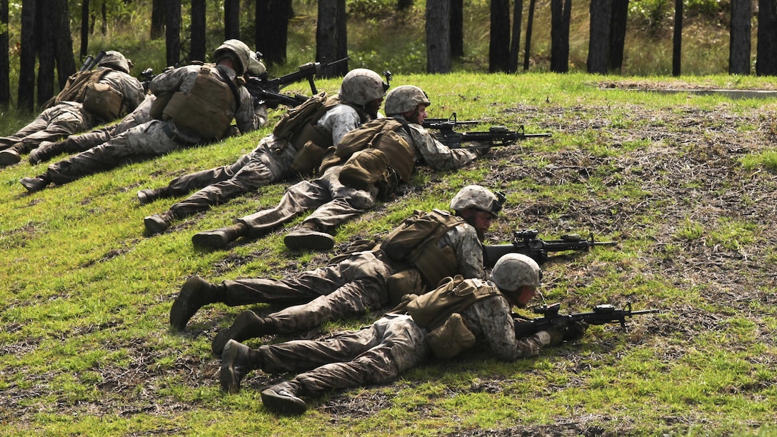 Marines with Bravo Company, 2nd Combat Engineer Battalion, take a defensive position during a live-fire and maneuver exercise at a range aboard Camp Lejeune, N.C., June 6, 2015. The training simulated the Marine’s response to encountering an enemy attack while on patrol. “If we work together in this training we’ll already know our plans, call signs and signals,” said Sgt. Christian Sampson, a combat engineer with the company. “We’ll have a plan laid out already so when we get in a fight we’ll know what to do.” (U.S. Marine Corps photo by Pfc. David N. Hersey/Released)