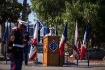 U.S. Navy Capt. Thomas Webber, Chaplain with 1st Marine Division, speaks before family members of the late Sgt. Rafael Peralta, during a Navy Cross Presentation Ceremony held in his honor aboard Camp Pendleton, Calif., June 8, 2015. Peralta was awarded the Navy Cross for his actions in support of Operation Al Fajr in Fallujah, Al Anbar province, Iraq, on Nov. 15, 2004, where he covered an enemy grenade with his body protect his fellow Marines. (U.S. Marine Corps photo by Lance Cpl. Clarence A. Leake/Released)