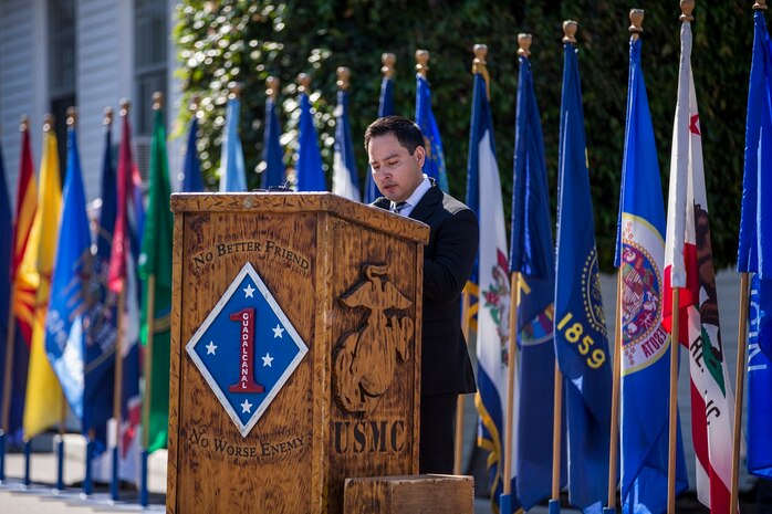 Ricardo Peralta, the brother of the late Sgt. Rafael Peralta, speaks on behalf of his family during a Navy Cross Presentation Ceremony held in his honor aboard Camp Pendleton, Calif., June 8, 2015. Peralta was awarded the Navy Cross for his actions in support of Operation Al Fajr in Fallujah, Al Anbar province, Iraq, on Nov. 15, 2004, where he covered an enemy grenade with his body protect his fellow Marines. (U.S. Marine Corps photo by Lance Cpl. Clarence A. Leake/Released)