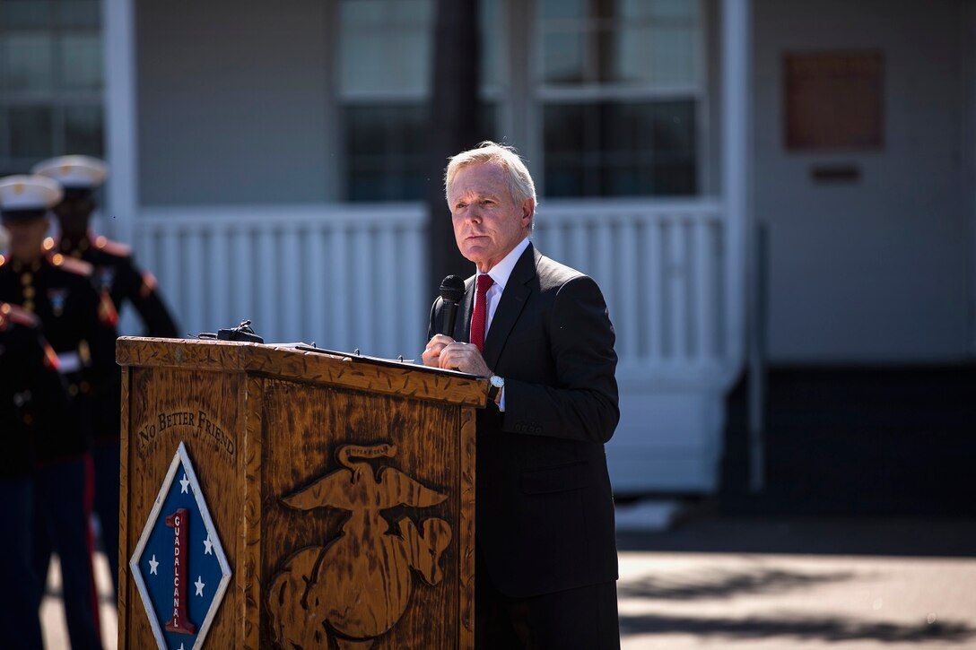 Secretary of the Navy Ray Mabus speaks at the Navy Cross Presentation Ceremony held in honor of the late Sgt. Rafael Peralta aboard Camp Pendleton, Calif., June 8, 2015. Peralta was awarded the Navy Cross for his actions in support of Operation Al Fajr in Fallujah, Al Anbar province, Iraq, on Nov. 15, 2004, where he covered an enemy grenade with his body protect his fellow Marines. (U.S. Marine Corps photo by Lance Cpl. Clarence A. Leake/Released)