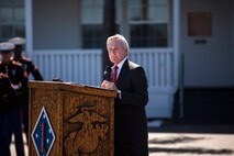 Secretary of the Navy Ray Mabus speaks at the Navy Cross Presentation Ceremony held in honor of the late Sgt. Rafael Peralta aboard Camp Pendleton, Calif., June 8, 2015. Peralta was awarded the Navy Cross for his actions in support of Operation Al Fajr in Fallujah, Al Anbar province, Iraq, on Nov. 15, 2004, where he covered an enemy grenade with his body protect his fellow Marines. (U.S. Marine Corps photo by Lance Cpl. Clarence A. Leake/Released)