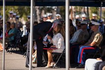 Secretary of the Navy Ray Mabus gives his condolences to Rosa Peralta, the mother of the late Sgt. Rafael Peralta at Navy Cross Presentation Ceremony held in his honor aboard Camp Pendleton, Calif., June 8, 2015. Peralta was awarded the Navy Cross for his actions in support of Operation Al Fajr in Fallujah, Al Anbar province, Iraq, on Nov. 15, 2004, where he covered an enemy grenade with his body protect his fellow Marines. (U.S. Marine Corps photo by Lance Cpl. Clarence A. Leake/Released)