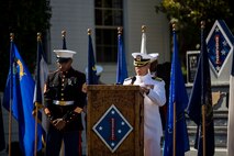 U.S. Navy Capt. Thomas Webber, Chaplain with 1st Marine Division, speaks before family members of the late Sgt. Rafael Peralta, during a Navy Cross Presentation Ceremony held in his honor aboard Camp Pendleton, Calif., June 8, 2015. Sgt. Rafael Peralta was awarded the Navy Cross posthumously after sacrificing his life by absorbing the brunt of the blast of an enemy grenade and shielding fellow Marines only feet away while serving with Regimental Combat Team 7 , 1st Marine Division in Fallujah, Iraq on November 15, 2004. (U.S. Marine Corps photo by Sgt. Luis Vega/Released)