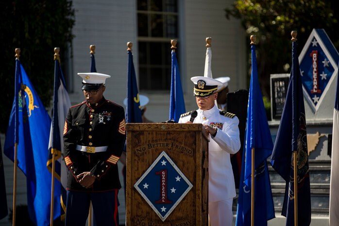 U.S. Navy Capt. Thomas Webber, Chaplain with 1st Marine Division, speaks before family members of the late Sgt. Rafael Peralta, during a Navy Cross Presentation Ceremony held in his honor aboard Camp Pendleton, Calif., June 8, 2015. Sgt. Rafael Peralta was awarded the Navy Cross posthumously after sacrificing his life by absorbing the brunt of the blast of an enemy grenade and shielding fellow Marines only feet away while serving with Regimental Combat Team 7 , 1st Marine Division in Fallujah, Iraq on November 15, 2004. (U.S. Marine Corps photo by Sgt. Luis Vega/Released)