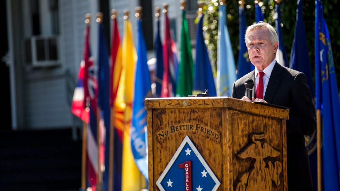 Secretary of the Navy Ray Mabus speaks at a Navy Cross Presentation Ceremony in honor of the late Sgt. Rafael Peralta, at Marine Corps Base Camp Pendleton, California, June 8, 2015. Sgt. Rafael Peralta was awarded the Navy Cross posthumously after sacrificing his life by absorbing the blast of an enemy grenade and shielding fellow Marines only feet away while serving with Regimental Combat Team 7, 1st Marine Division in Fallujah, Al Anbar province, Iraq, on Nov. 15, 2004.