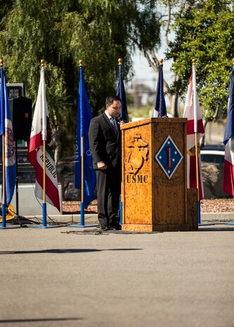 Ricardo Peralta, the brother of the late Sgt. Rafael Peralta, speaks on behalf of his family during a Navy Cross Presentation Ceremony held in honor of his brother aboard Camp Pendleton, Calif., June 8, 2015. Sgt. Rafael Peralta was awarded the Navy Cross posthumously after sacrificing his life by absorbing the blast of an enemy grenade and shielding fellow Marines only feet away while serving with Regimental Combat Team 7, 1st Marine Division in Fallujah, Al Anbar province, Iraq, on Nov. 15, 2004. (U.S. Marine Corps photo by Sgt. Luis Vega/Released)