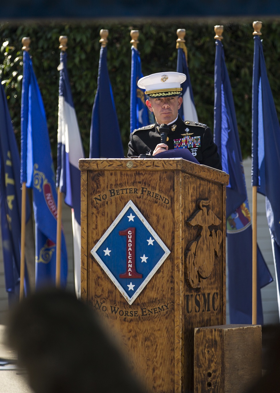U.S. Marine Corps Lt. Gen. David H. Berger, Commanding General of the I Marine Expeditionary Force, speaks during a Navy Cross Presentation Ceremony held in honor of the late Sgt. Rafael Peralta, aboard Camp Pendleton, Calif., June 8, 2015. Sgt. Rafael Peralta was awarded the Navy Cross posthumously after sacrificing his life by absorbing the blast of an enemy grenade and shielding fellow Marines only feet away while serving with Regimental Combat Team 7, 1st Marine Division in Fallujah, Al Anbar province, Iraq, on Nov. 15, 2004. (U.S. Marine Corps photo by Sgt. Luis Vega/Released)