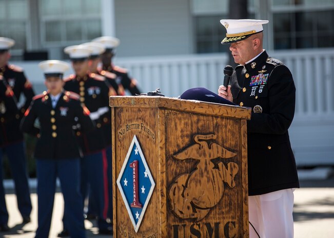 U.S. Marine Corps Lt. Gen. David H. Berger, Commanding General of the I Marine Expeditionary Force, speaks during a Navy Cross Presentation Ceremony held in honor of the late Sgt. Rafael Peralta, aboard Camp Pendleton, Calif., June 8, 2015. Sgt. Rafael Peralta was awarded the Navy Cross posthumously after sacrificing his life by absorbing the blast of an enemy grenade and shielding fellow Marines only feet away while serving with Regimental Combat Team 7, 1st Marine Division in Fallujah, Al Anbar province, Iraq, on Nov. 15, 2004. (U.S. Marine Corps photo by Sgt. Luis Vega/Released)