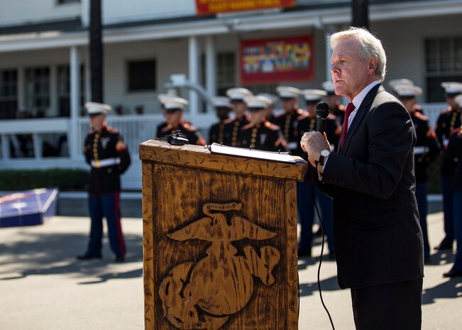 Secretary of the Navy Ray Mabus speaks at a Navy Cross Presentation Ceremony in honor of the late Sgt. Rafael Peralta, aboard Camp Pendleton, Calif., June 8, 2015. Sgt. Rafael Peralta was awarded the Navy Cross posthumously after sacrificing his life by absorbing the blast of an enemy grenade and shielding fellow Marines only feet away while serving with Regimental Combat Team 7, 1st Marine Division in Fallujah, Al Anbar province, Iraq, on Nov. 15, 2004. (U.S. Marine Corps photo by Sgt. Luis Vega/Released)