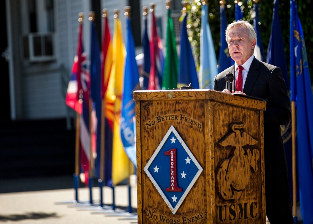 Secretary of the Navy Ray Mabus speaks at a Navy Cross Presentation Ceremony in honor of the late Sgt. Rafael Peralta, aboard Camp Pendleton, Calif., June 8, 2015. Sgt. Rafael Peralta was awarded the Navy Cross posthumously after sacrificing his life by absorbing the blast of an enemy grenade and shielding fellow Marines only feet away while serving with Regimental Combat Team 7, 1st Marine Division in Fallujah, Al Anbar province, Iraq, on Nov. 15, 2004. (U.S. Marine Corps photo by Sgt. Luis Vega/Released)
