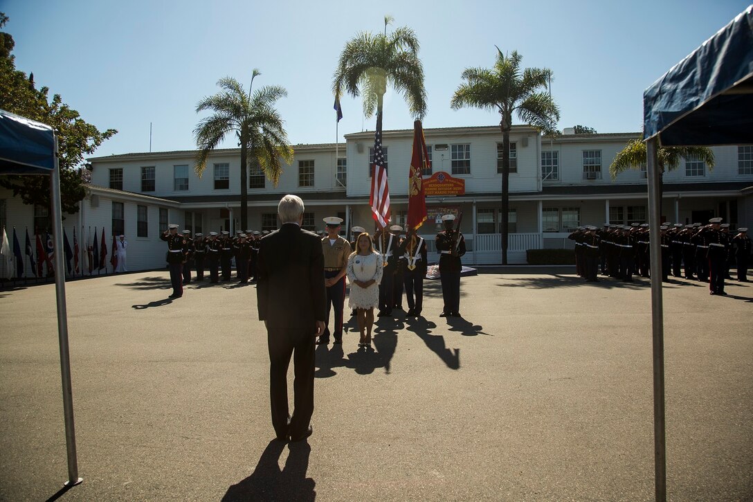 U.S. Marines and Sailors watch as the Secretary of the Navy Ray Mabus presents the Navy Cross to the family members of the late Sgt. Rafael Peralta, aboard Camp Pendleton, Calif., June 8, 2015. Sgt. Rafael Peralta was awarded the Navy Cross posthumously after sacrificing his life by absorbing the blast of an enemy grenade and shielding fellow Marines only feet away while serving with Regimental Combat Team 7, 1st Marine Division in Fallujah, Al Anbar province, Iraq, on Nov. 15, 2004.  (U.S. Marine Corps photo by Sgt. Luis Vega/Released)