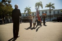 U.S. Marines and Sailors watch as the Secretary of the Navy Ray Mabus presents the Navy Cross to the family members of the late Sgt. Rafael Peralta, aboard Camp Pendleton, Calif., June 8, 2015. Sgt. Rafael Peralta was awarded the Navy Cross posthumously after sacrificing his life by absorbing the blast of an enemy grenade and shielding fellow Marines only feet away while serving with Regimental Combat Team 7, 1st Marine Division, in Fallujah, Al Anbar province, Iraq, on Nov. 15, 2004. (U.S. Marine Corps photo by Sgt. Luis Vega/Released)