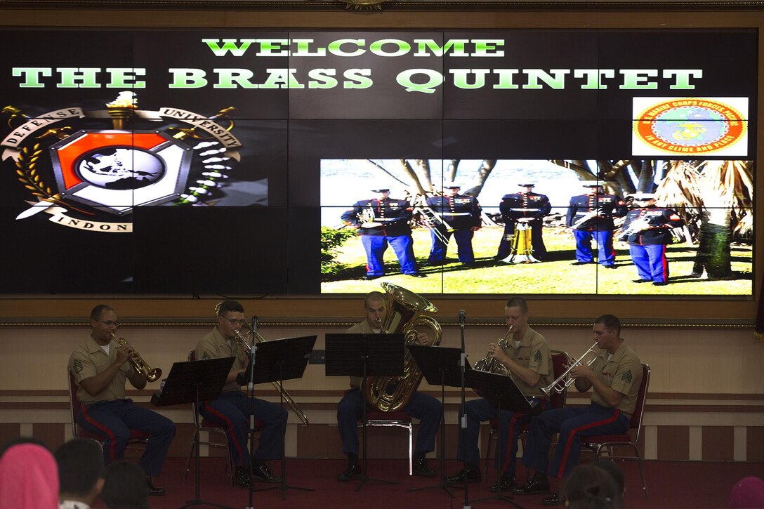 The U.S. Marine Corps Forces, Pacific Band Brass Quintet performs for students and staff at the Indonesia Defense University, June 5, 2015. The performance was the last of five performances on their four-day trip to Jakarta. This was the first time members from the MARFORPAC Band traveled to Indonesia.
