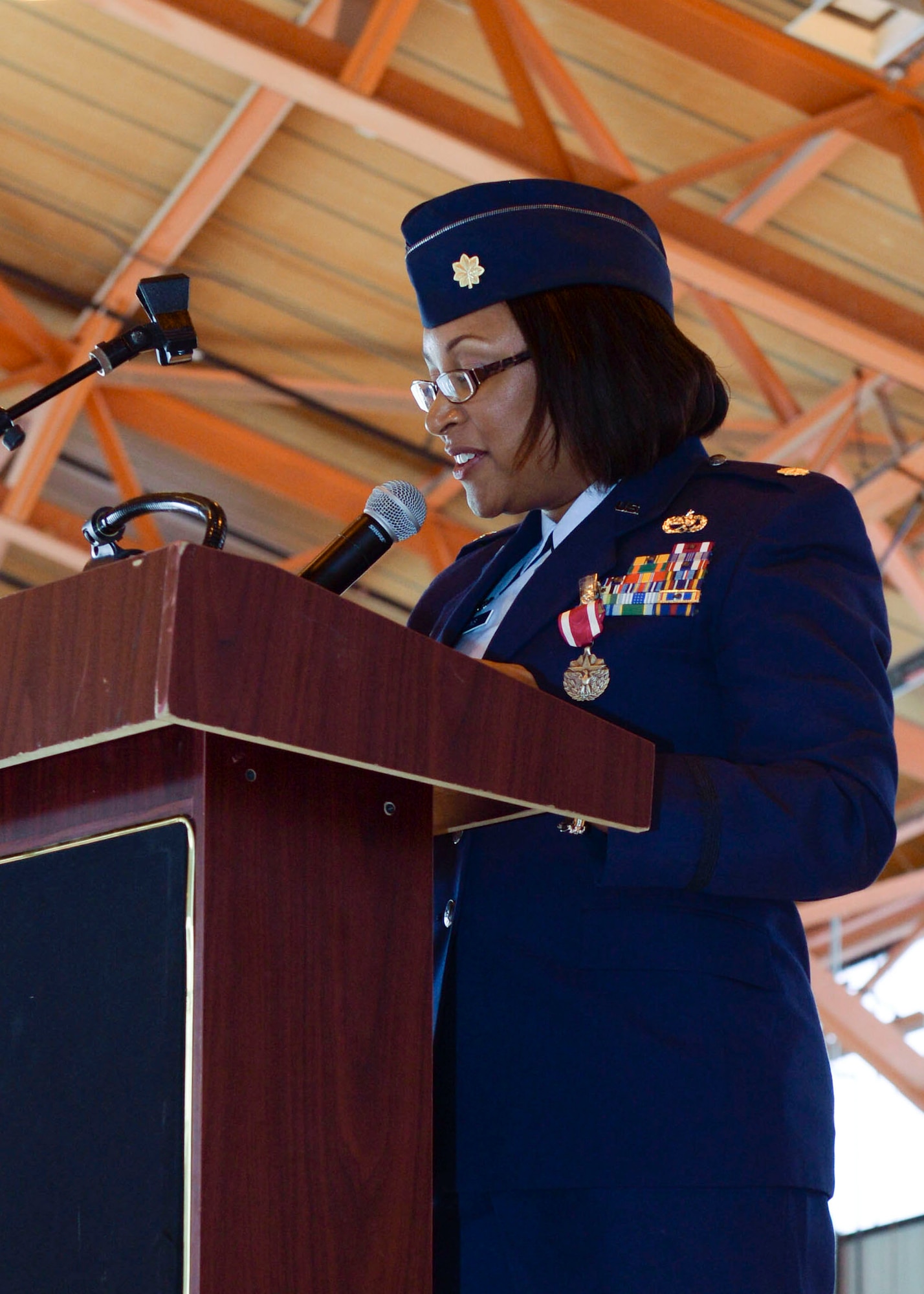 Maj. Jeurney K. Meekins, the 49th Aircraft Maintenance Squadron outgoing commander, gives a heart-warming departure speech during the 49th AMXS Change of Command at Holloman Air Force Base, N.M. June 9, 2015. During the Change of Command, Col. Michael Shea, the 49th Maintenance Group commander was the presiding officer and Maj. Rebecca A. Hart, the 49th AMXS incoming commander, assumed command. The 49 AMXS generates over 73 thousand flight hours annually in support of the Air Force's largest and fastest growing Formal Training Unit and combat operations around the world.  Additionally, the 49 AMXS maintains a continuous forward presence with nearly 15 percent of assigned Airmen deployed in support of combat and humanitarian operations for multiple Combatant Commanders.  Finally, the squadron manages aircraft and resources valued at over $402 million and execute a $2.4 million budget. (U.S. Air Force photo by Staff Sgt. E’Lysia A. Wray/Released)