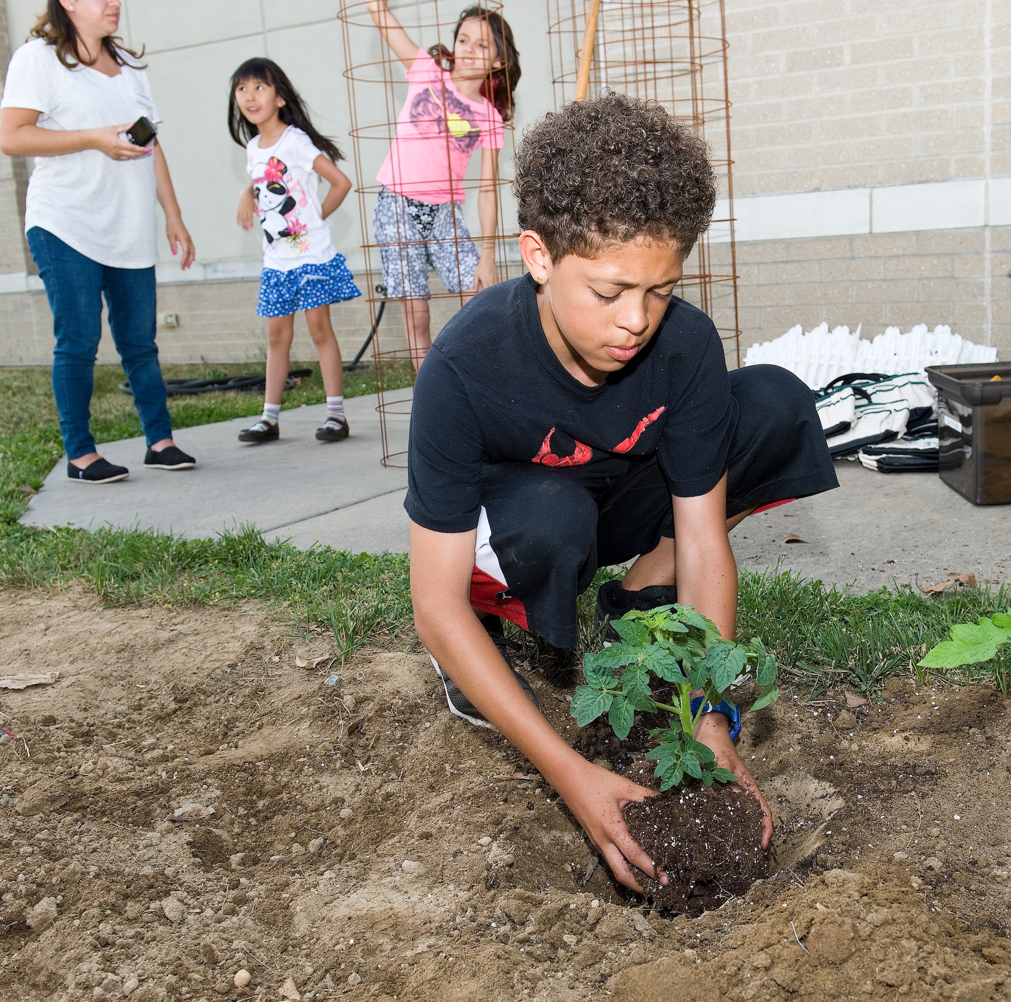 DaKarae Piazza, son of Chief Master Sgt. Patrick Piazza, 436th Maintenance Squadron superintendent, places an eggplant in the garden May 27, 2015, at the Youth Center on Dover Air Force Base, Del. Piazza and other children enrolled in the Before and After School Age program planted tomatoes, bell peppers, eggplant, sweet potatoes, chili peppers, watermelon, zucchini, and pumpkin. (U.S. Air Force photo/Roland Balik)