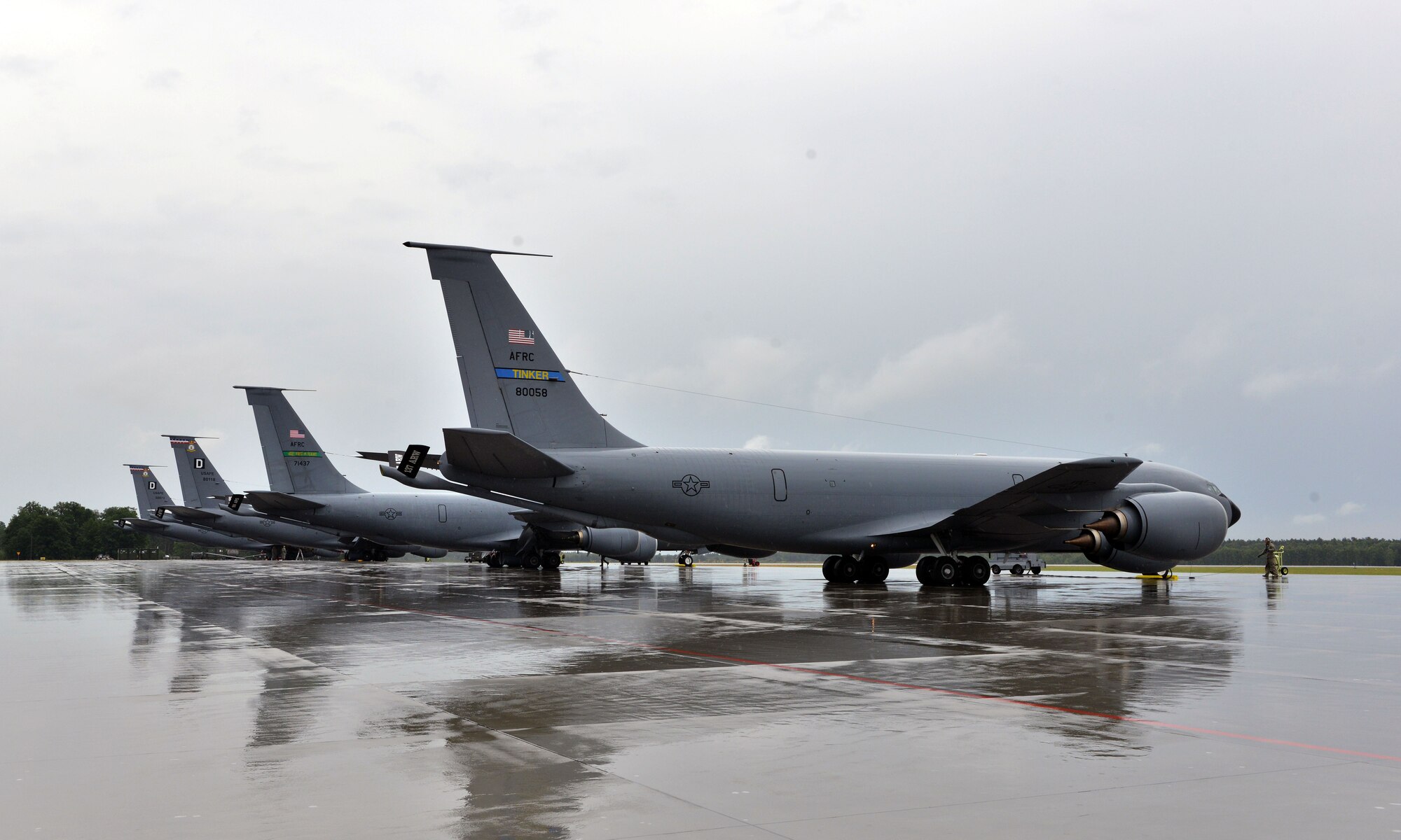 Four KC-135 Stratotankers await a mission on the flightline in support of Baltic Operations 2015, June 9, 2015, at Powidz Air Base, Poland. As part of BALTOPS 2015, the U.S. Air Force  deployed three KC-135 units to Poland: the 100th, 916th and 507th air refueling wings. (U.S. Air Force photo by Senior Airman Michael Battles)