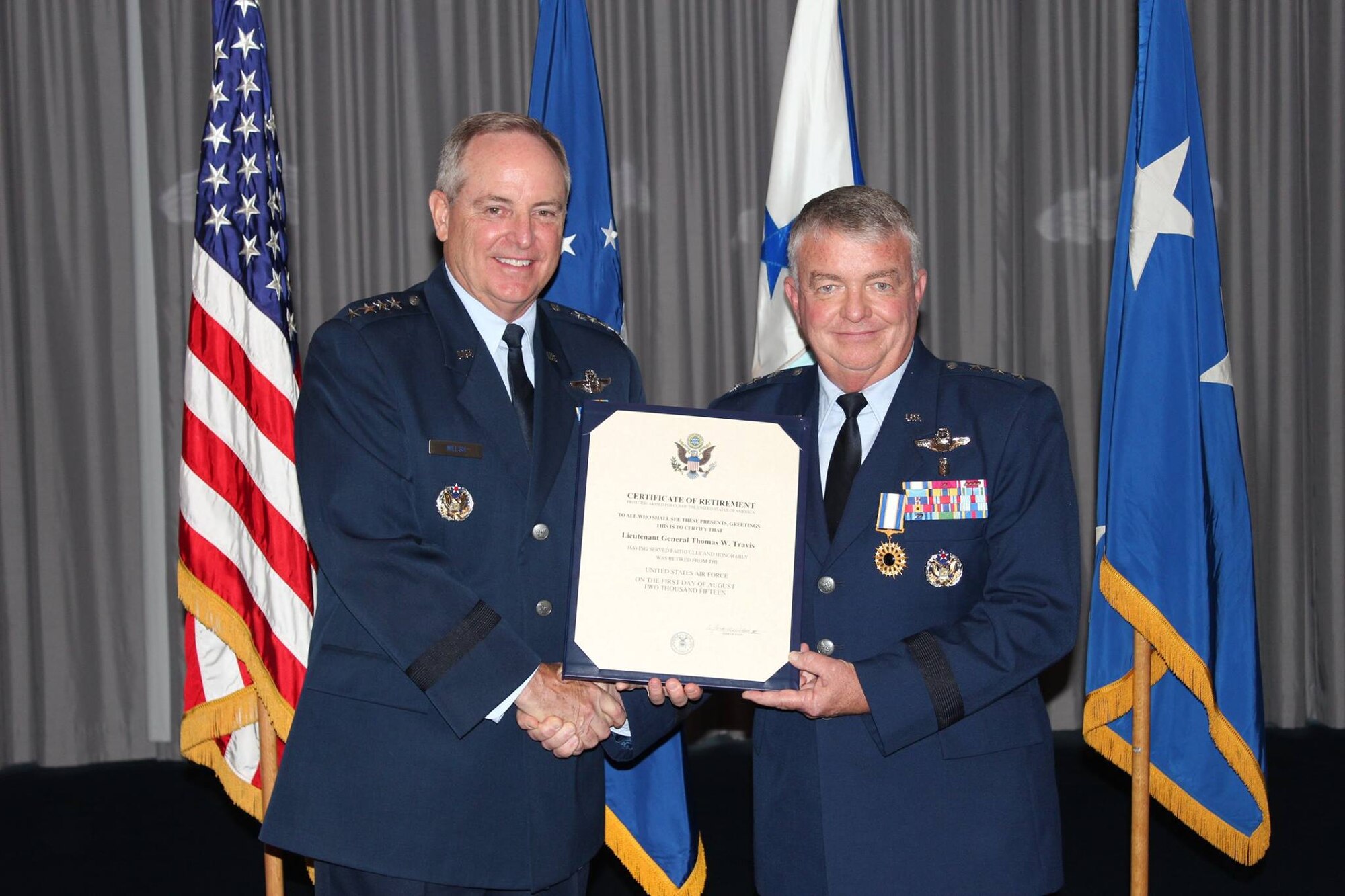 Air Force Chief of Staff, Gen. Mark A. Welsh III, officiated the retirement ceremony for the 21st surgeon general of the Air Force, Lt. Gen. (Dr.) Thomas W. Travis, on June 5 in Washington, D.C. (Photo by Jonathan Stock / U.S. Air Force)