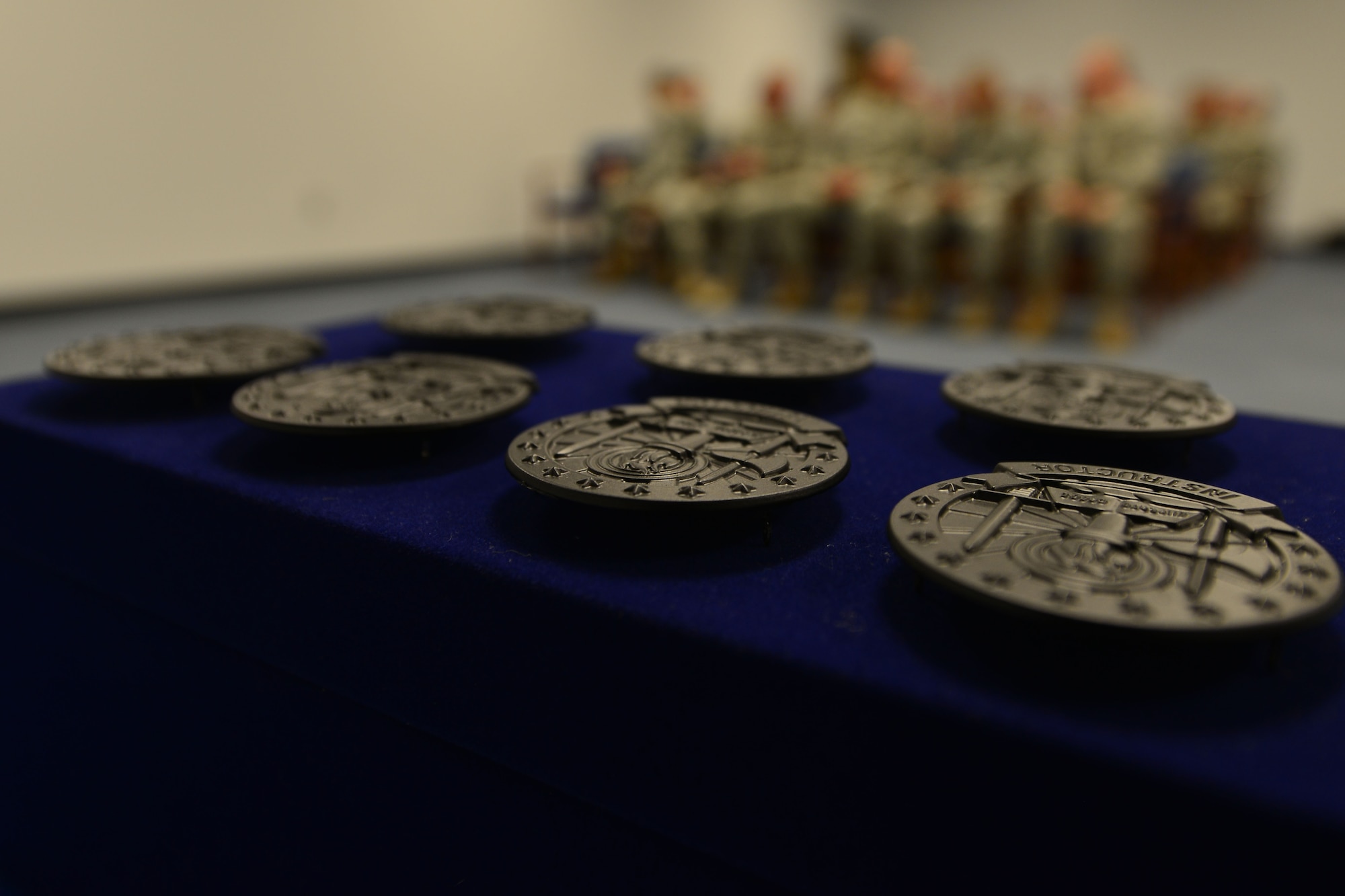 U.S. Army Aviation Logistics Noncommissioned Officer Academy instructors wait to be awarded instructor badges at Fort Eustis, Va., June 5, 2015. The instructors were awarded the badge for successfully completing 80 hours of instruction as a primary instructor and completing the instructor evaluation. (U.S. Air Force photo by Staff Sgt. Natasha Stannard/Released)