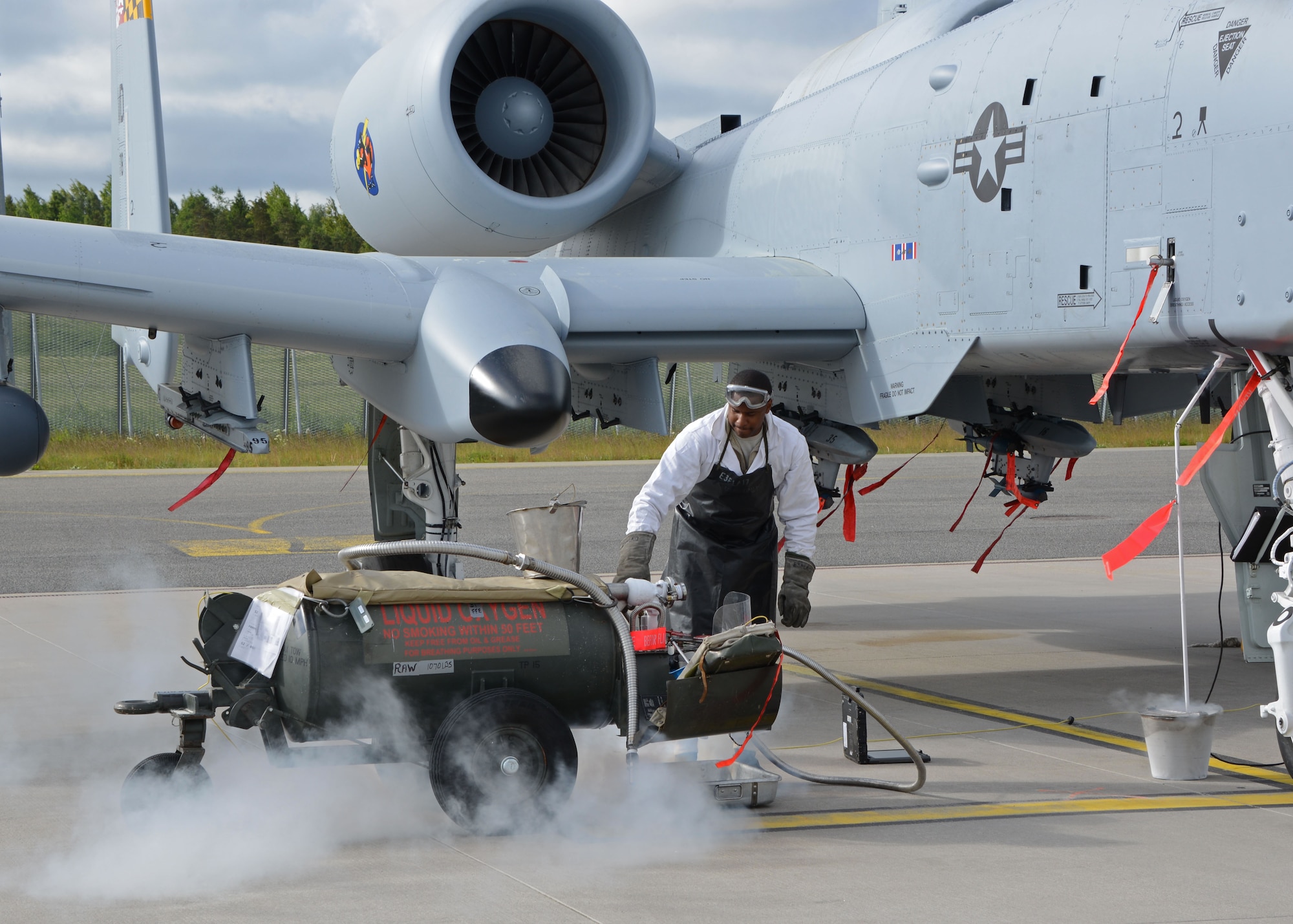 A crew chief assigned to the 175th Aircraft Maintenance Squadron, Maryland Air National Guard, services an A-10C Thunderbolt II aircraft with liquid oxygen during Saber Strike 15, Ämari Air Base, Estonia, June 8, 2015. Saber Strike is an exercise that aims to continue to improve U.S. interoperability with ally and partner nations, while increasing their capacity to conduct a full spectrum of military operations.  (Air National Guard photo by Tech. Sgt. Christopher Schepers)
