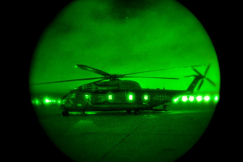 A German Air Force CH-53GS waits to be refueled at Naval Air Station North Island, Calif., during Angel Thunder 2015, June 7, 2015.  Angel Thunder is hosted by the 355th Fighter Wing at Davis-Monthan Air Force Base, Ariz., but many flying operations will extend throughout Arizona, New Mexico and California.  (U.S. Air Force photo by Airman 1st Class Chris Massey/Released)