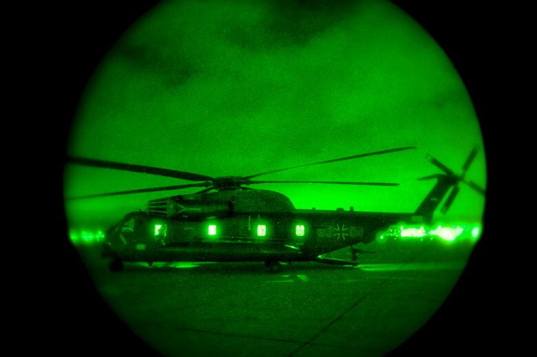 A German Air Force CH-53GS waits to be refueled at Naval Air Station North Island, Calif., during Angel Thunder 2015, June 7, 2015.  Angel Thunder is hosted by the 355th Fighter Wing at Davis-Monthan Air Force Base, Ariz., but many flying operations will extend throughout Arizona, New Mexico and California.  (U.S. Air Force photo by Airman 1st Class Chris Massey/Released)