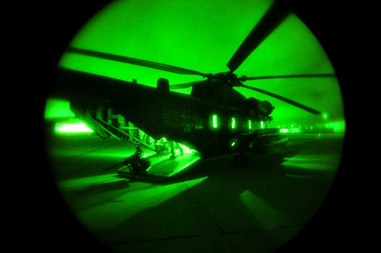 A German Air Force CH-53GS waits to be refueled at Naval Air Station North Island, Calif., during Angel Thunder 2015, June 7, 2015.  Angel Thunder is the world's largest personnel recovery exercise.  D-M hosted 11 partner nations and nine interagencies with a common goal to train personnel recovery forces to prepare, plan, execute and adapt for rescue missions.  (U.S. Air Force photo by Airman 1st Class Chris Massey/Released)