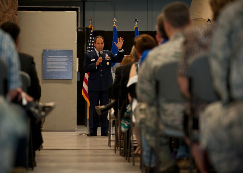 PETERSON AIR FORCE BASE, Colo. – Newly promoted Brig. Gen. John Shaw, 21st Space Wing commander, addresses everyone who came to support him at his promotion ceremony at the Peterson Air and Space Museum, June 5, 2015. Shaw took command of the 21st Space Wing July 26, 2013 and will move on to Offutt Air Force Base, Neb., June 12 as deputy director for U.S. Strategic Command. (U.S. Air Force photo by Airman 1st Class Rose Gudex)