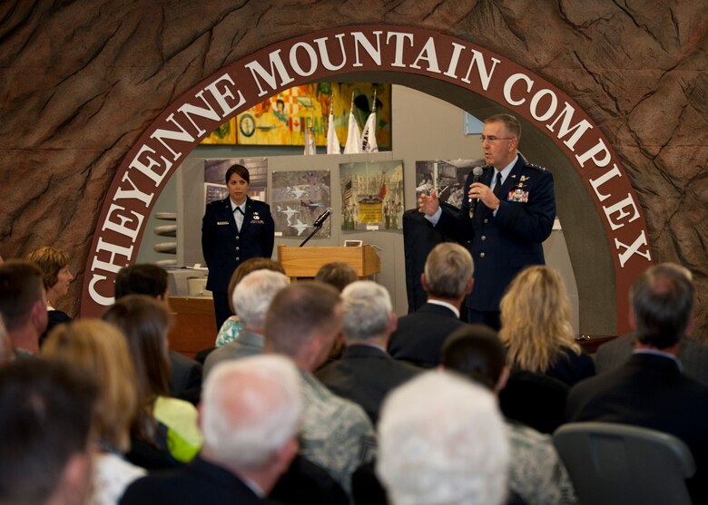PETERSON AIR FORCE BASE, Colo. – Gen. John Hyten, Air Force Space Command commander, talks about Brig. Gen. John Shaw, 21st Space Wing commander, and his journey at Shaw’s promotion ceremony at the Peterson Air and Space Museum, June 5, 2015. Shaw took command of the 21st Space Wing July 26, 2013 and will move on to Offutt Air Force Base, Neb., June 12 as deputy director for U.S. Strategic Command. (U.S. Air Force photo by Airman 1st Class Rose Gudex)