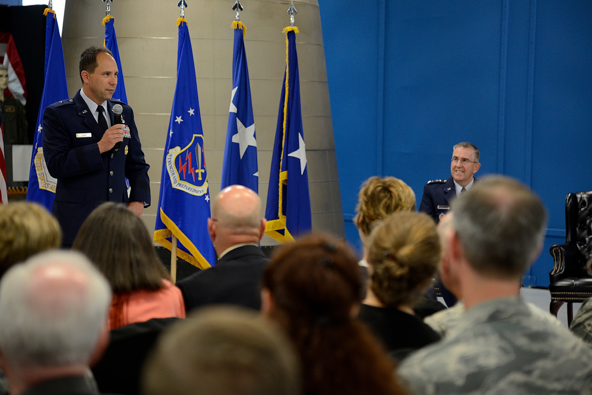 PETERSON AIR FORCE BASE, Colo. – Brig. Gen. John Shaw, 21st Space Wing commander, speaks to the audience after pinning on his first star during his promotion ceremony at the Peterson Air and Space Museum  June 5. Shaw took command of the 21st Space Wing July 26, 2013 and will move on to Offutt Air Force Base, Neb., June 12 as deputy director for U.S. Strategic Command. (U.S. Air Force photo/Rob Bussard)