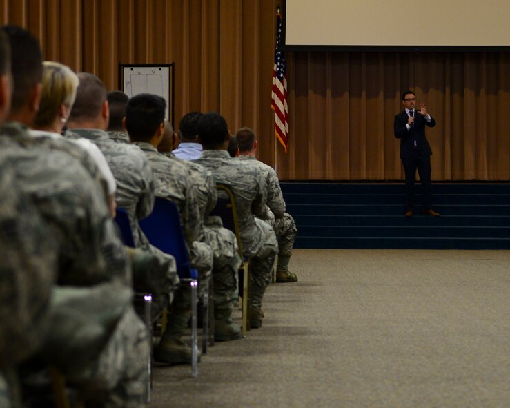 Jeffrey Bucholtz, an activist, public speaker and co-director of We End Violence, speaks to Airmen during the annual sexual assault prevention and response briefing on Barksdale Air Force Base, La., June 6, 2015. Bucholtz challenged all Airmen to take responsibility and change the culture so people who are raped can feel safe and come forward, and rapists will stop thinking what they’re doing is acceptable. (U.S. Air Force photo/Senior Airman Benjamin Raughton)