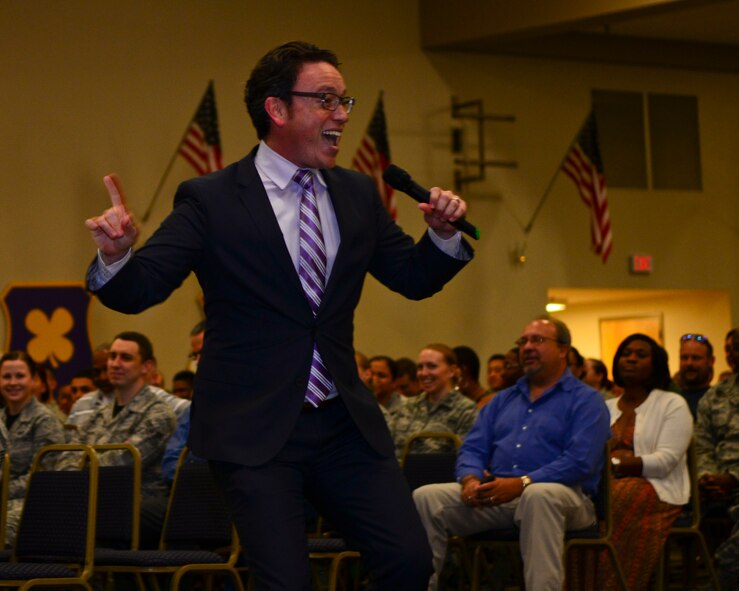 Jeffrey Bucholtz, an activist, public speaker and co-director of We End Violence, speaks to Airmen during the annual sexual assault prevention and response briefing on Barksdale Air Force Base, La., June 6, 2015. Bucholtz brought a message of culture change to Team Barksdale, encouraging the military community to create an atmosphere that doesn’t blame the victims of sexual assault and lets sexual predators know their behavior isn’t tolerated. (U.S. Air Force photo/Senior Airman Benjamin Raughton)