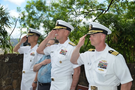 From the right, Capt. Dale Rielage, director of intelligence and information operations, U.S. Pacific Fleet; Adm. Scott Swift, commander of U.S. Pacific Fleet; David Rosenberg, guest speaker; and Capt. John Shimotsu, U.S. Pacific Fleet Chaplain; salute during a ceremony at fleet headquarters to commemorate the 73rd anniversary of the Battle of Midway. The Battle of Midway, which took place June 4-7, 1942, was a decisive victory for the U.S. Navy and is regarded as the turning point of the war in the Pacific. (U.S. Navy photo by Mass Communication Specialist 2nd Class Tamara Vaughn/Released) 