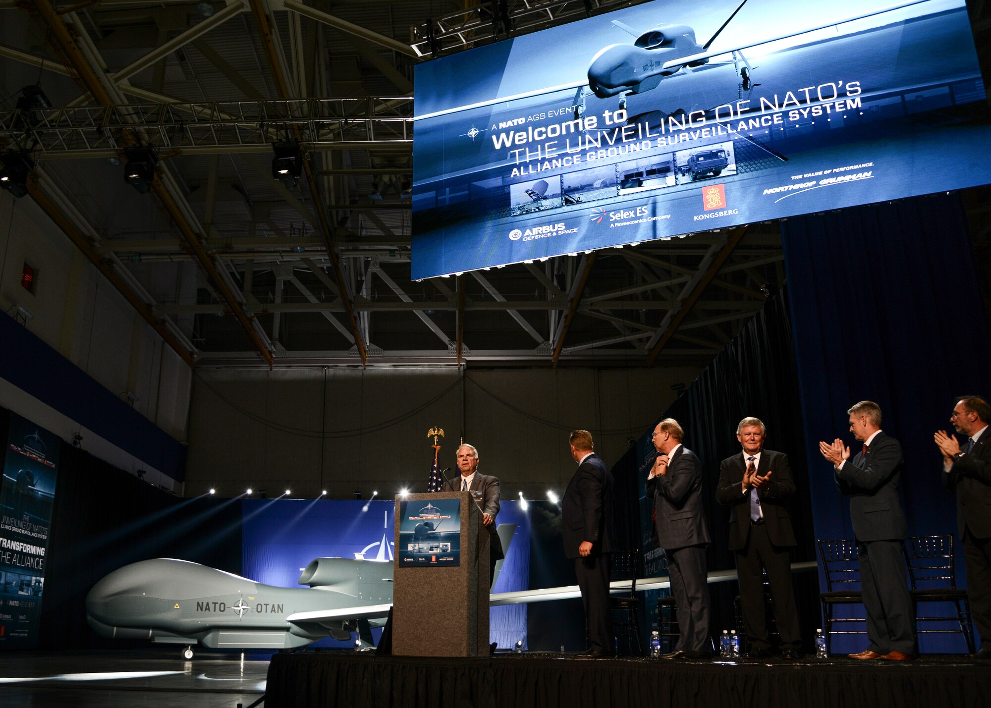 At the NATO AGS unveiling ceremony June 4 at U.S. Air Force Plant 42 in Palmdale, California, Northrop Grumman employees were joined by representatives from industry partners Airbus Defence and Space, Selex EX and Kongsberg. (U.S. Air Force photo by Rebecca Amber)